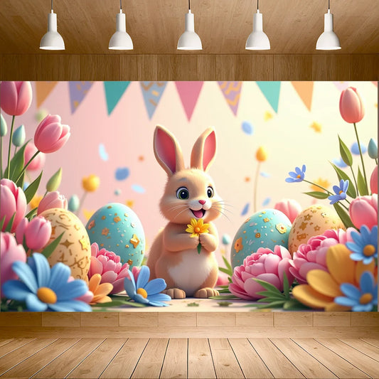 Easter Spring Backdrop for Kids Party Decorations with Cute Bunny and Floral Eggs Photography Colorful Banner Background