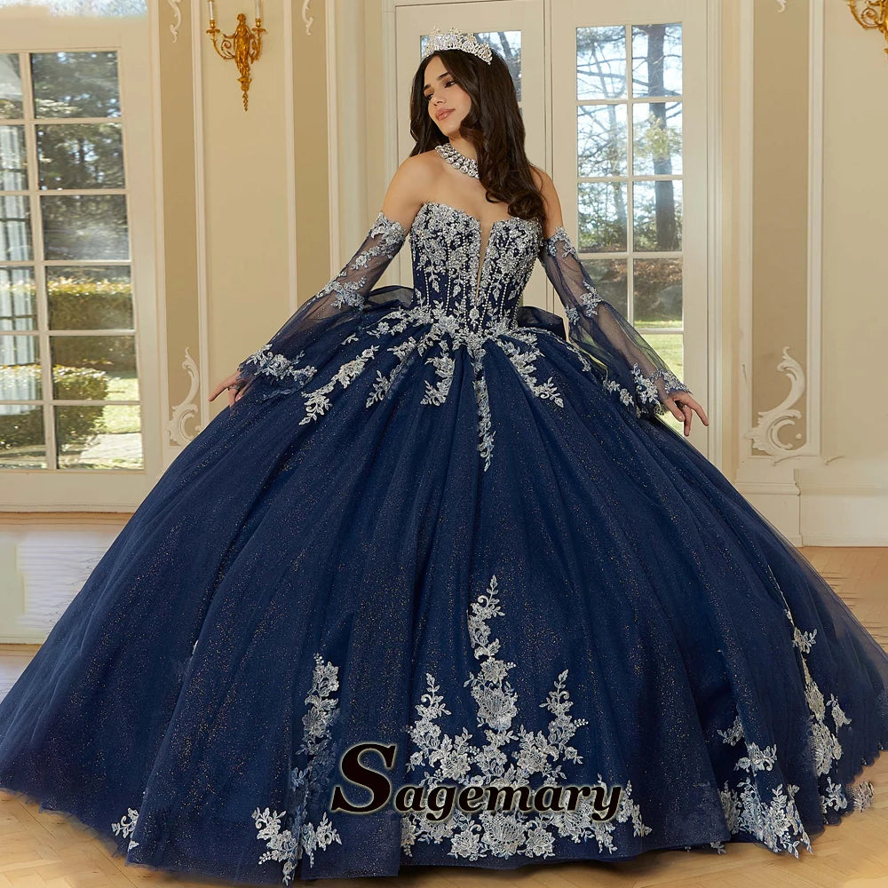 Princess Quinceañera Ball Gown – Lace Appliques, Glitter Tulle & Detachable Sleeves