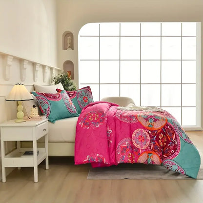 Boho Chic 3-Piece Comforter Set: Soft Luxury Bedding for All Seasons, Breathable Fluffy Floral Fantasy Bed Sets