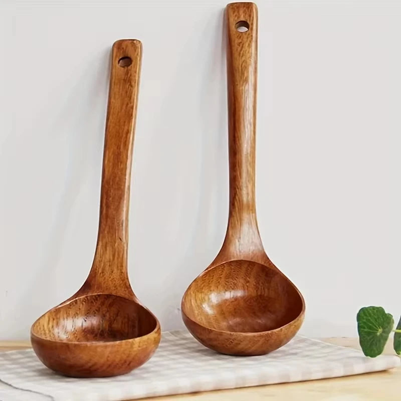 1pc Non-Stick Wooden Cooking Spoon, Daily Solid Anti-scalding Soup Ladle For Kitchen