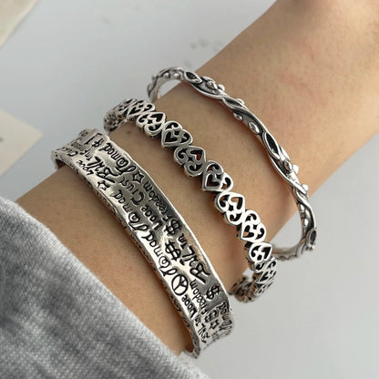 Retro 925 Sterling Silver Bracelet for Women Men Vintage Handmade Hollow Heart Bracelet