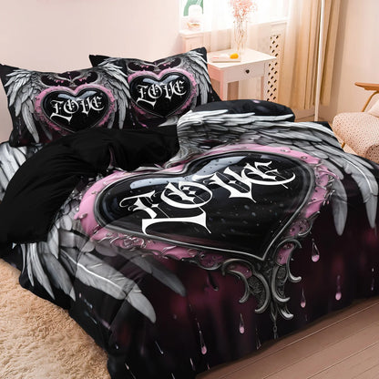 3pcs Set Valentine'S Day Gothic Heart Couple Wings Print Duvet Cover Set, King And Queen Style Bedding Set, Birthday Gift