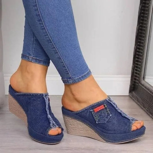 Platform fashion women's slides, summer denim slippers with wedge heels, casual sandals available in large size 43.