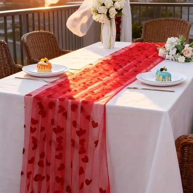 Red Heart-shaped Mesh Tablecloth Perfect For Decorating Wedding Banquets Parties And Romantic Valentines Day Candlelight Dinners