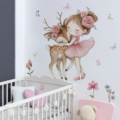Cartoon Girl With Deer Wall Decal Woodland Animal Bedroom Decor Waterproof Peel-Stick Home Art For Playroom Wall Art Decals