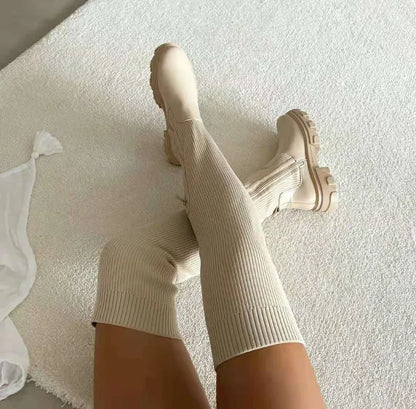 Women's Thick Sole Boots with Breathable Knitted Sock Design, Thigh-High Stretch, Round Toe Style, Available in Plus Size 43.