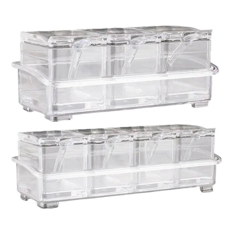 3 Grids/4 Grids camping Condiment Organizer Jars Clear Condiment Salt Storage Canisters Acrylic Kitchen Condiment Jar With Spoon