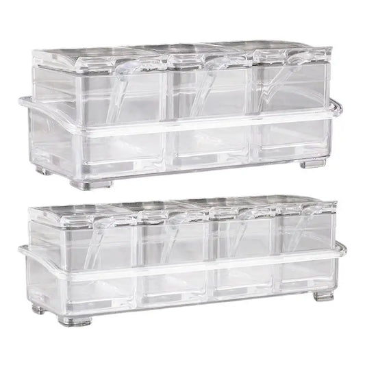3 Grids/4 Grids camping Condiment Organizer Jars Clear Condiment Salt Storage Canisters Acrylic Kitchen Condiment Jar With Spoon