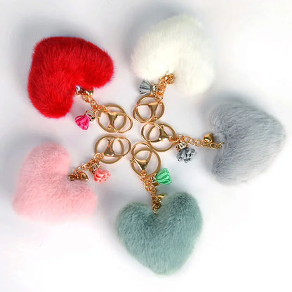 Rainbow Heart Pompom Keychain – Colorful Plush Ball Tassel Bag Charm for Women