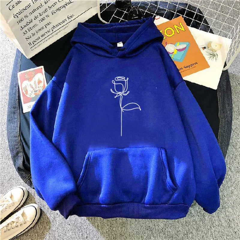 Women's Hoodie Pullover Sweatshirt Stylish Flower Print With Thick Long Sleeves Tops Loose