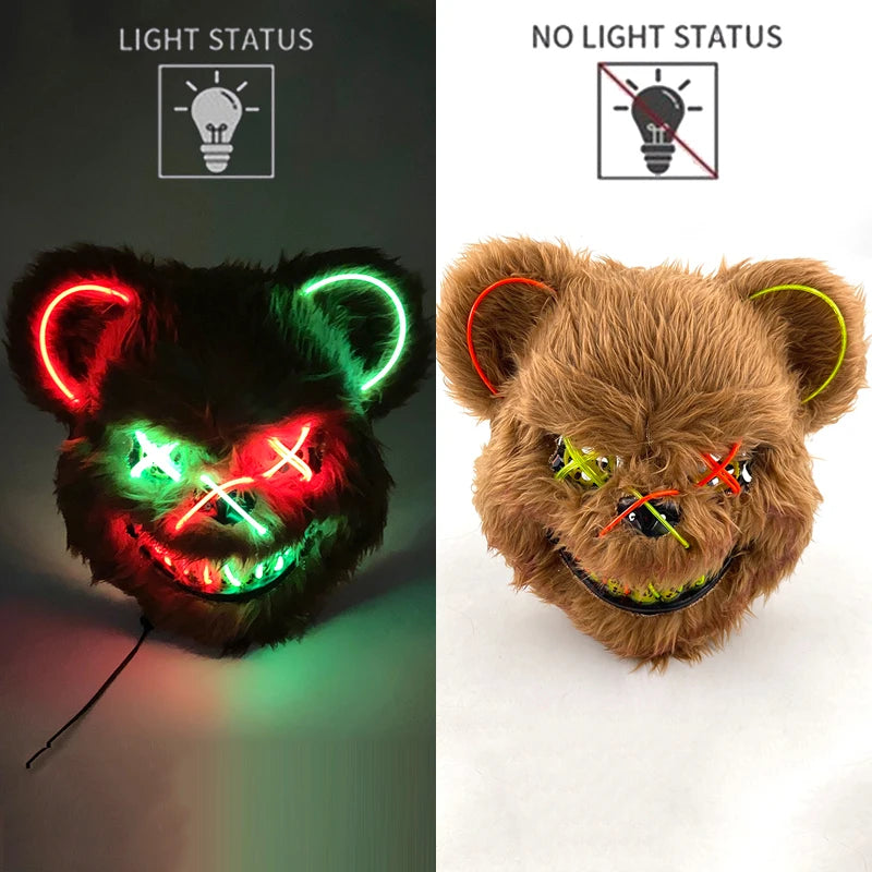 LED Glowing Cosplay Bloody Rabbit Mask Halloween Scary Killer Bloody Bunny Bear Headgear Carnival Masquerade Horror Costume Prop