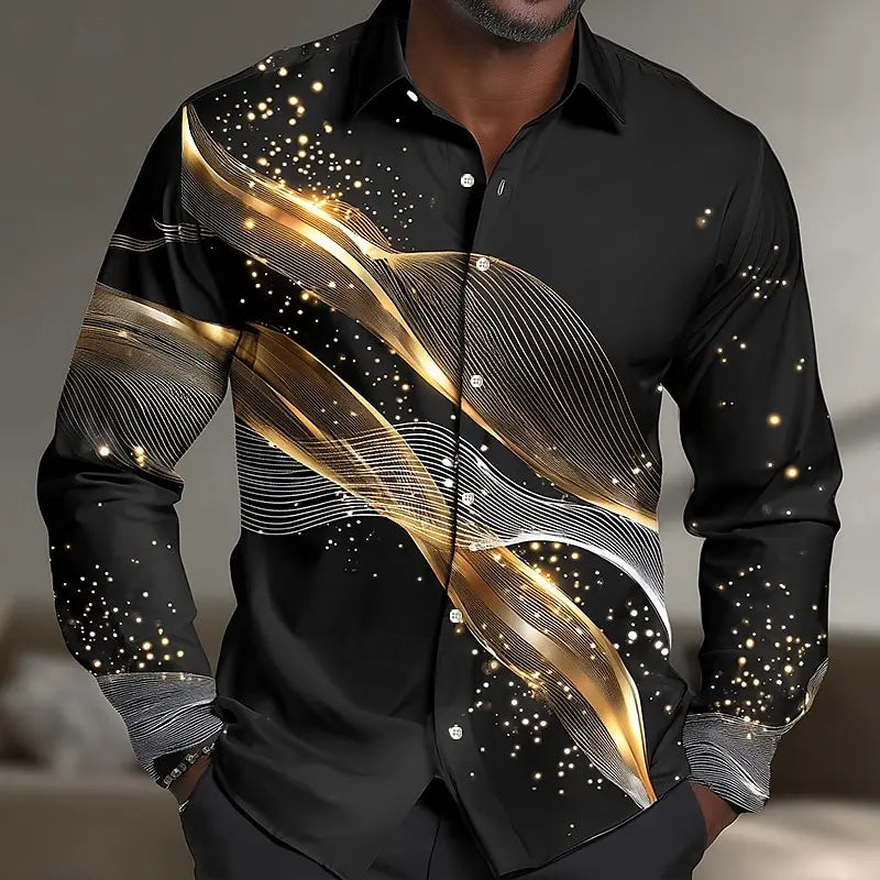 Men’s 3D Gradient Waves Shirt – Long Sleeve Button‑Up Streetwear