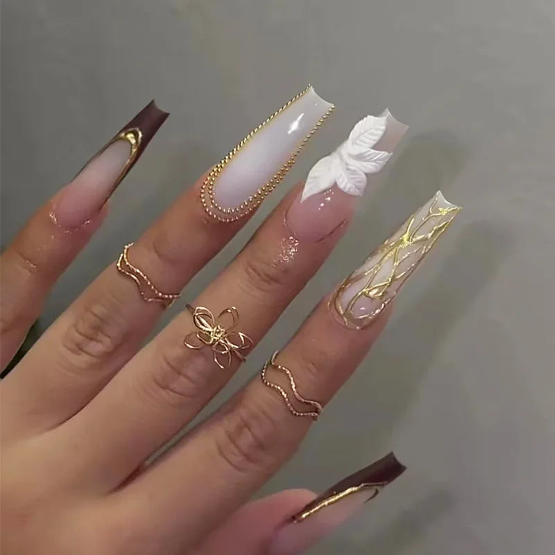 24Pcs Gold French Border False Long Coffin Press on Nails with Rhinestones Ballerina Full Cover