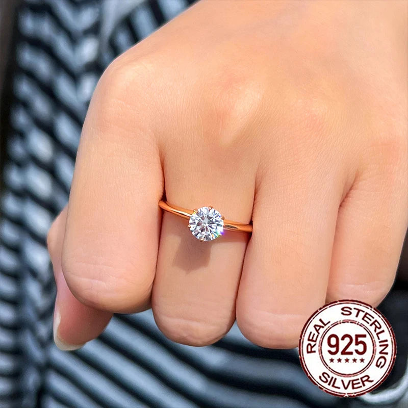 925 Sterling Silver Shiny Round Cubic Zircon Gold Color Ring for Women Bridal Engagement Wedding Band Jewelry Gift SR053