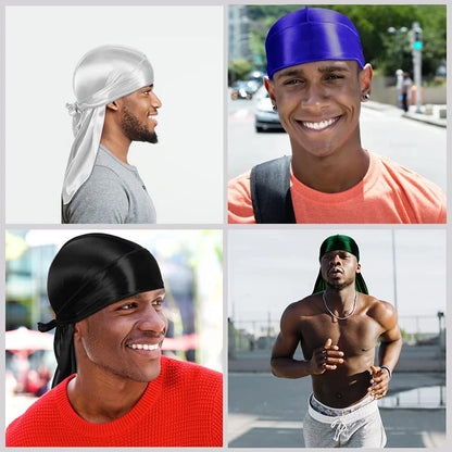 Set of 3 Men’s Silky Durags: Long Tail Pirate Hat, Headband Turban, Dome Wave Cap, Unisex Wig Cap with Elastic Band, Satin Bonnet