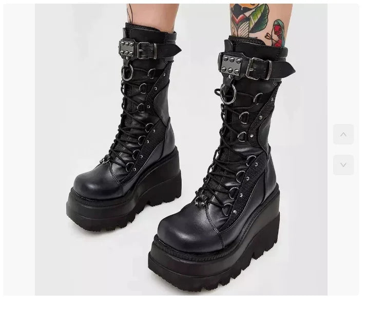 Spring Autumn Black Women Wedge Boots Platform Boots Knee High Motorcycle Boots Black Closed Toe Lace Up Long Boots Large size