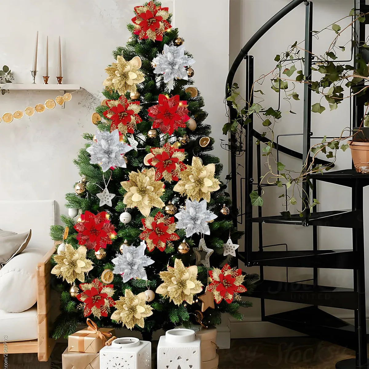 Christmas Glitter Artificial Flowers Tree Hanging Ornaments