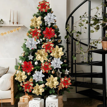 Christmas Glitter Artificial Flowers Tree Hanging Ornaments
