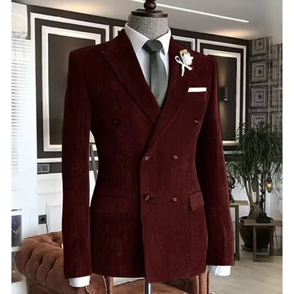 Men’s Slim‑Fit Corduroy Double‑Breasted Suit Set