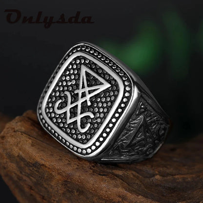 Vintage Lucifer Seal Signet Ring – Gothic Punk 316L Stainless Steel Black Stone