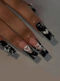 24PCS/1BOX Black French Nail Set with Glitter Love Stars