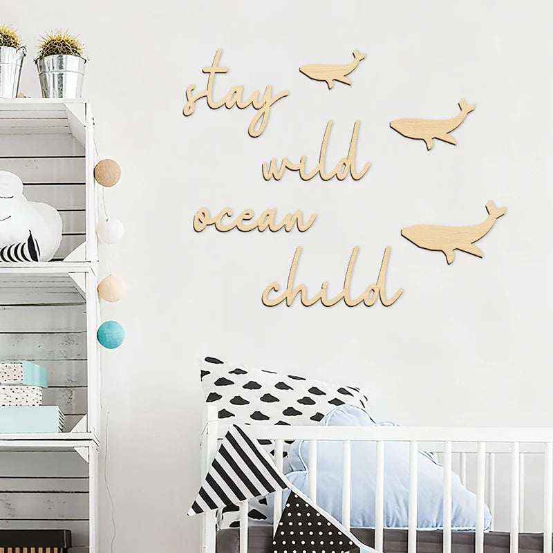 Stay Wild Ocean Child Sign Wooden Wall Stickers Coastal Room Wall Stickers Wood Phrase and Fish Pattern Decor Room Wall Decor