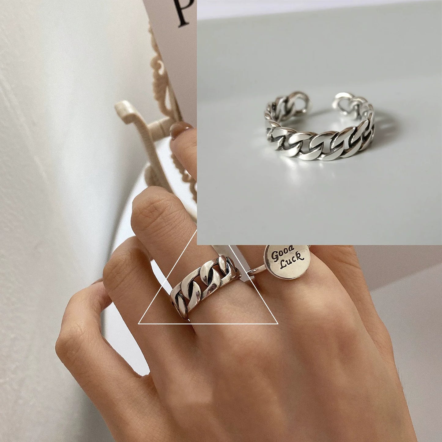 925 Sterling Silver Rings For Women Men Fine Jewelry Finger Adjustable Open Vintage Chain Ring