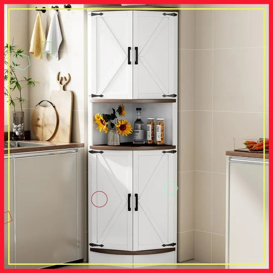64.8" Farmhouse Corner Cabinet with Barn Doors, 5 Shelves for Kitchen Living Room Storage White