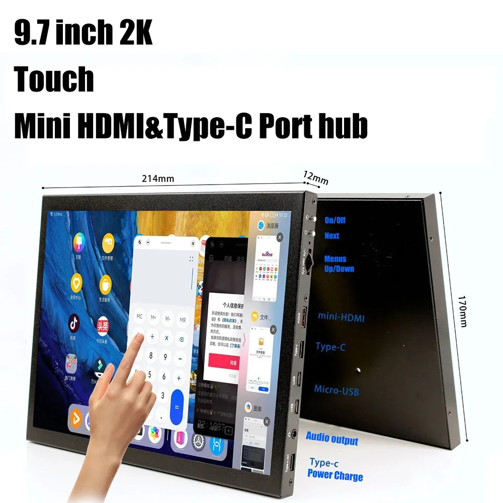9.7 Inch 2K Touch Screen HDMI-compatible LCD for Raspberry Pi Orange Pi Windows PC Display with Cortical Case Portable Monitor
