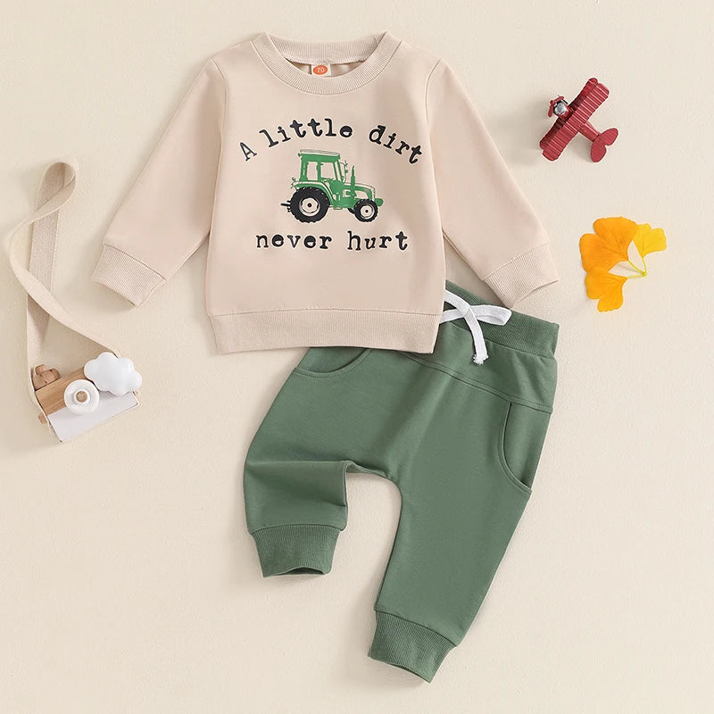 Boys Fall Set Letter Tractor Print Long Sleeve Round Neck Tops Drawstring Pocket Long Pants Outfits