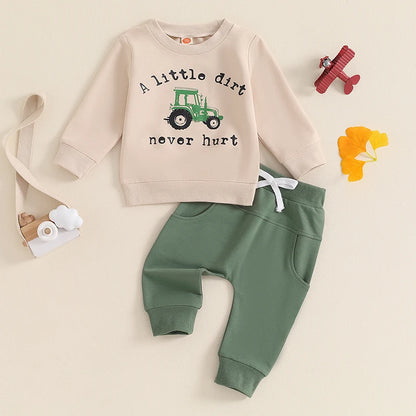 Boys Fall Set Letter Tractor Print Long Sleeve Round Neck Tops Drawstring Pocket Long Pants Outfits