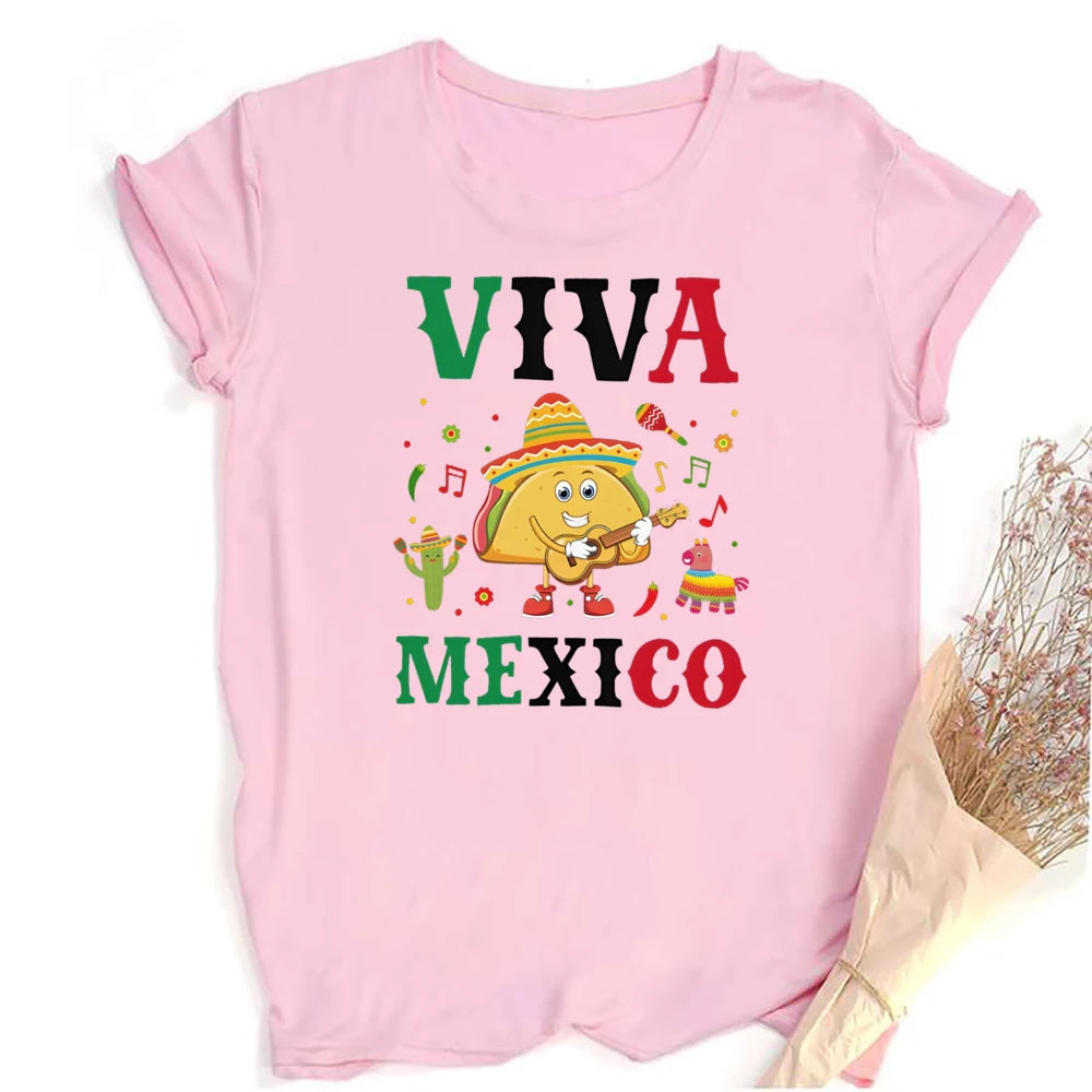 Viva Mexico Print Crew Neck T-shirt Summer Short Sleeve Casual Top Women's Mexican Flag Pattern T-shirt Clothes