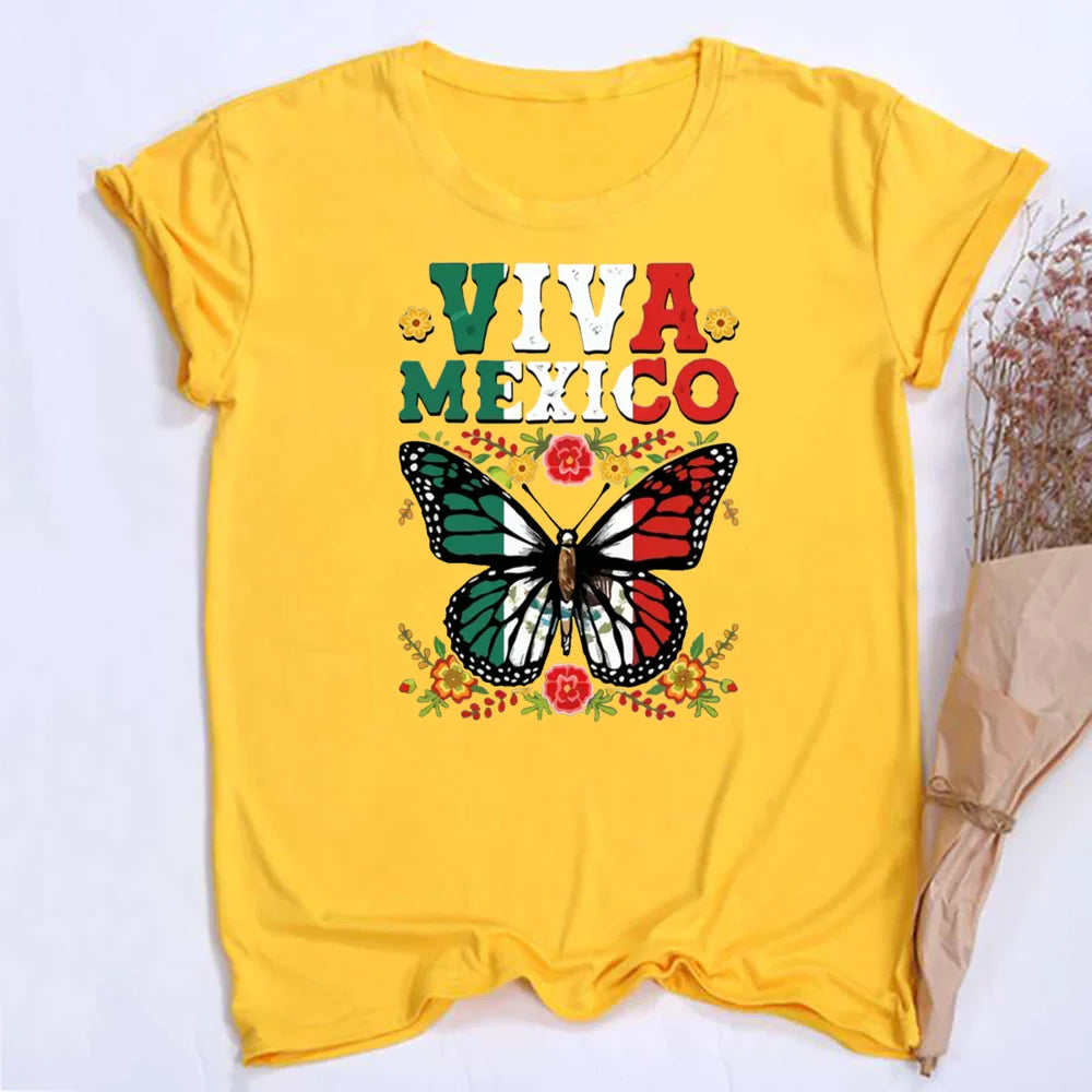 Viva Mexico Butterfly Flower Printed Girl T Shirt Women Summer Retro Tshirt Tee Graphic Tops Fashion Female Short Sleeve T-shirt