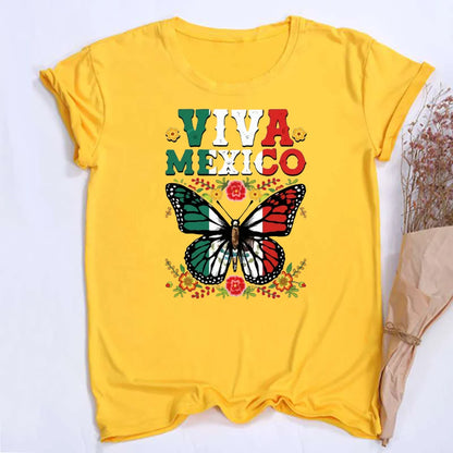 Viva Mexico Butterfly Flower Printed Girl T Shirt Women Summer Retro Tshirt Tee Graphic Tops Fashion Female Short Sleeve T-shirt