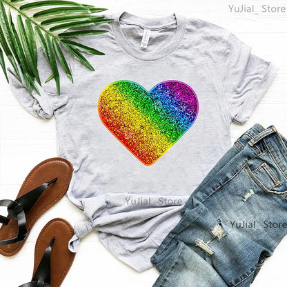 Rainbow Heart Print Lgbt T Shirt Summer Top Female T-Shirt Cute Girl Tumblr Clothes Tee Shirt Femme Streetwerar 90s 00s Tshirt