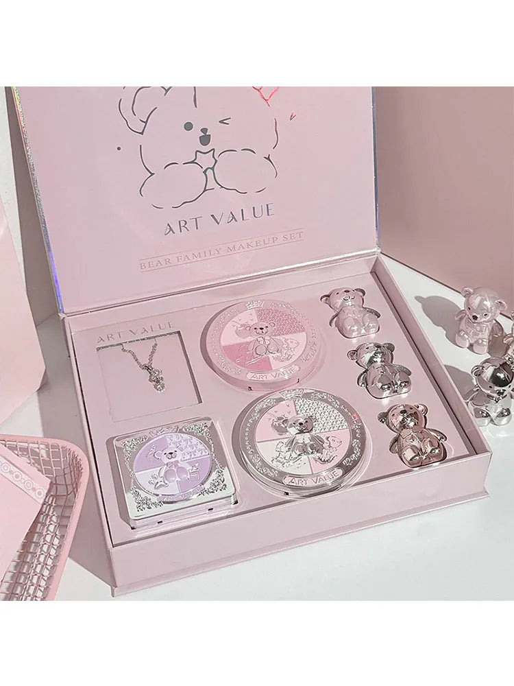 ART VALUE 7PC Makeup Sets Include 3 Colors Lip Mud,1 Pressed Powder,1 Blush,1 Eyeshadow Palette,1 Necklace Beauty Makeup Sets
