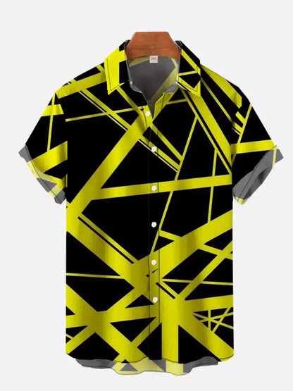 Hawaiian short-sleeved shirt with messy line prints, men's lapel fashion top, 2024 new large-sized men's shirt, casual and comfo