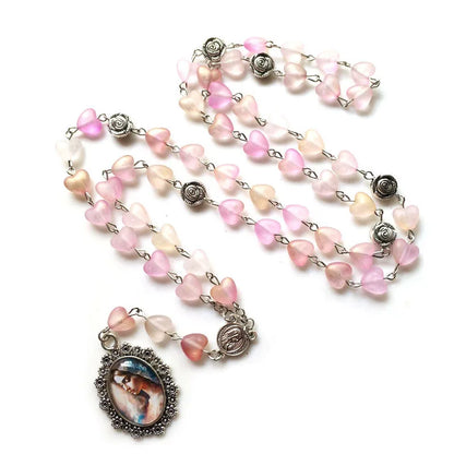 QIGO Acrylic Heart Rosary Long Glass Sacred of Mary Pendant Necklace For Women Religious Jewelry