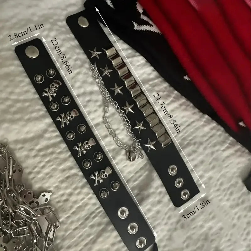 2 Pieces of Fashionable Multi-Layered Leather Wide Bracelets, Personalized Domineering Skull Rivets, Punk Hip-Hop Bracelets and Jewelry