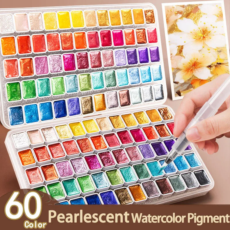 12/20/24/60 Color Solid Watercolor Paint Set -Metallic Glitter Pearlescent Pigments