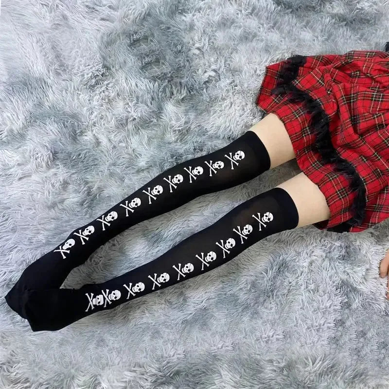 Gothic Skull Bat Spider Thigh‑High Stockings – Harajuku Emo Alternative Sexy Tights with Garters
