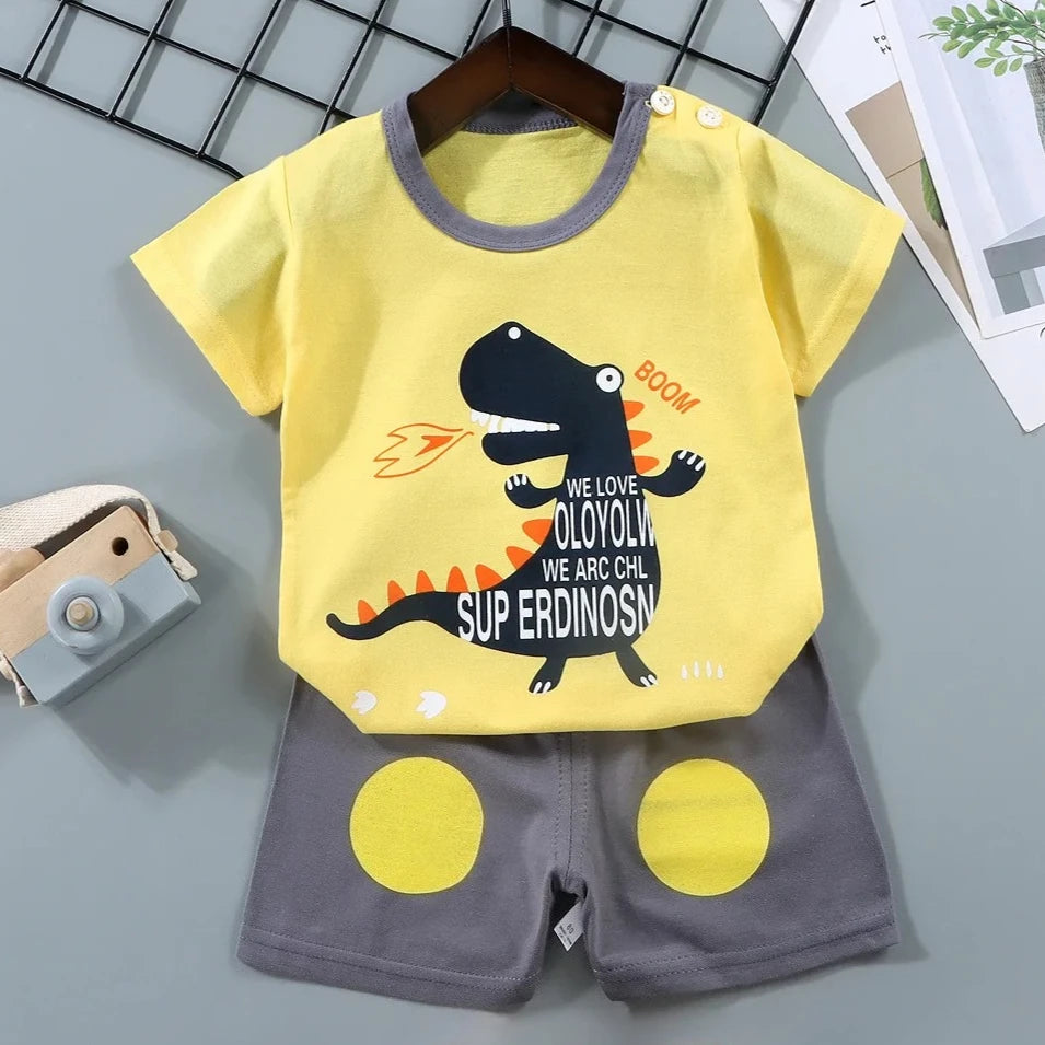 Cotton Cartoon Zebra Dinosaur Print Tracksuit Set 2-Piece Kids Summer Clothes Tee Shorts for Boys Girls 1-6 Years
