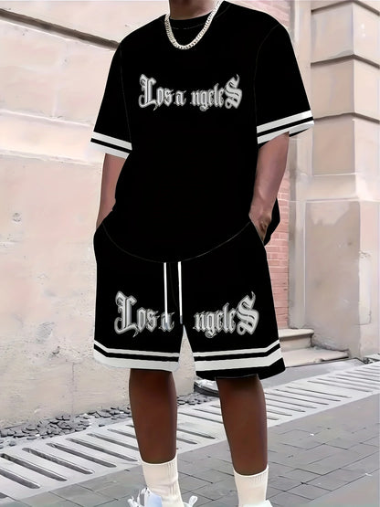 Men's Summer Letter Printed Comfortable Breathable Round Neck T-shirt Shorts Set Outdoor Casual Clothing
