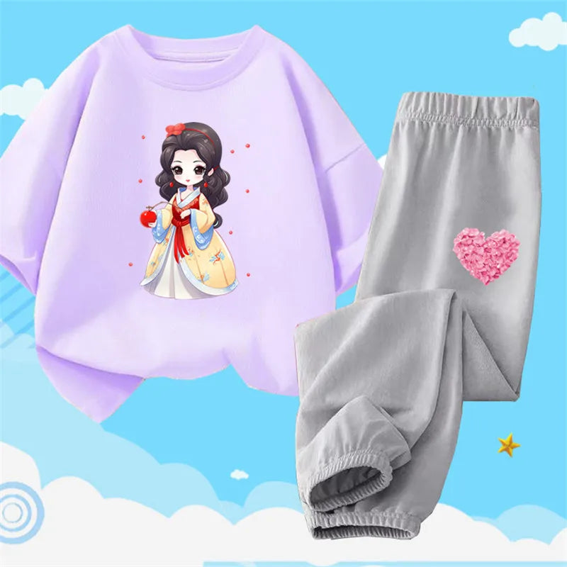 Teens Girls' 2-Piece Fashion Outfit: Princess Short Sleeve T-Shirt and Long Pants Tracksuit Set