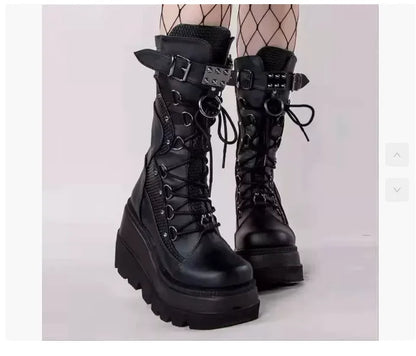 Spring Autumn Black Women Wedge Boots Platform Boots Knee High Motorcycle Boots Black Closed Toe Lace Up Long Boots Large size