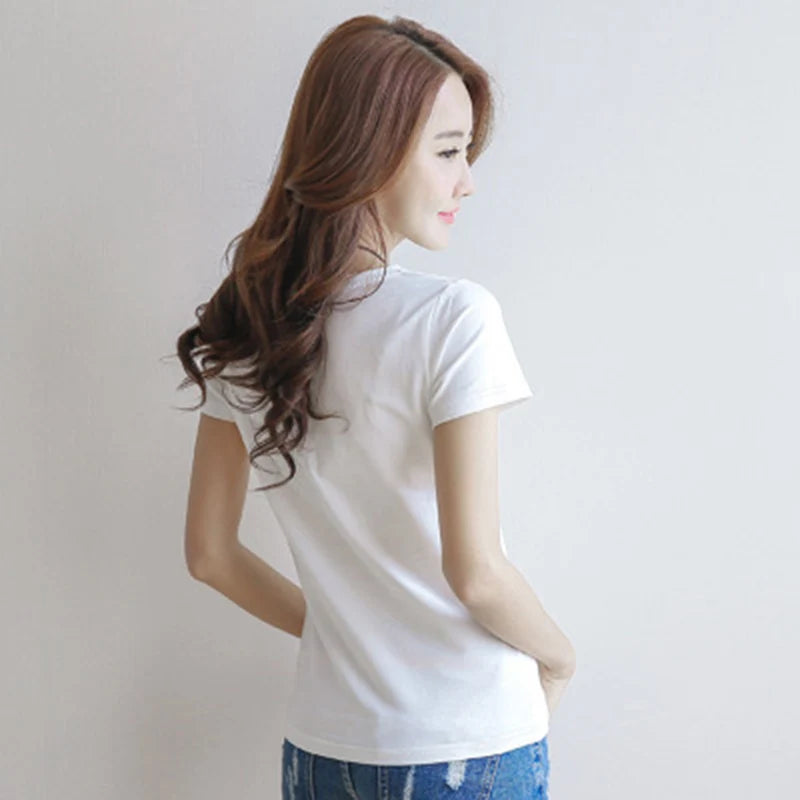 Short T-Shirts Summer Women's Short Sleeve Round Neck Casual Blouse Shirts Solid Color Tops  Black / White
