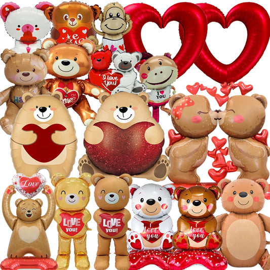 1Pc Large Inflatable Heart Hugging Bear Balloon Cartoon Valentine's Day Bear Decor Balloon Holiday Party Supplies Standing Decor