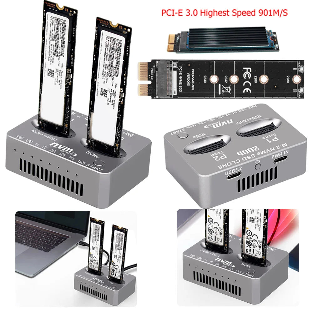 Dual-Bay M.2 NVME SSD Clone USB3.2 Type C NVME Docking Station M.2 M.3 NVME PCI-E External Hard Disk Box for M2 SSD M Key SSD
