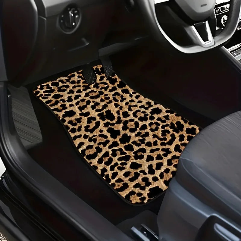 Leopard Print Car Floor Mats: Universal Fit, 4-Piece Set, Absorbent Polyester Fiber, Non-Slip, Washable, Suitable for Cars & SUVs