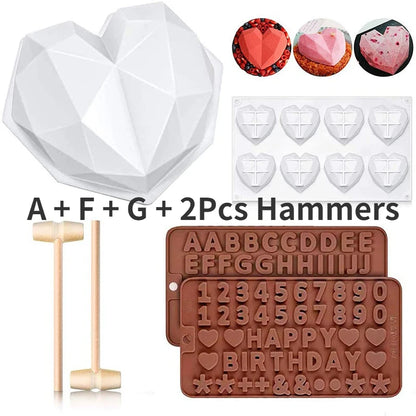 Silicone Diamond Love Baking Mold Set Letter Number Molds 1/6/8 Cavity Heart Mousse Pastry Cake Chocolate Soap Candle Mould